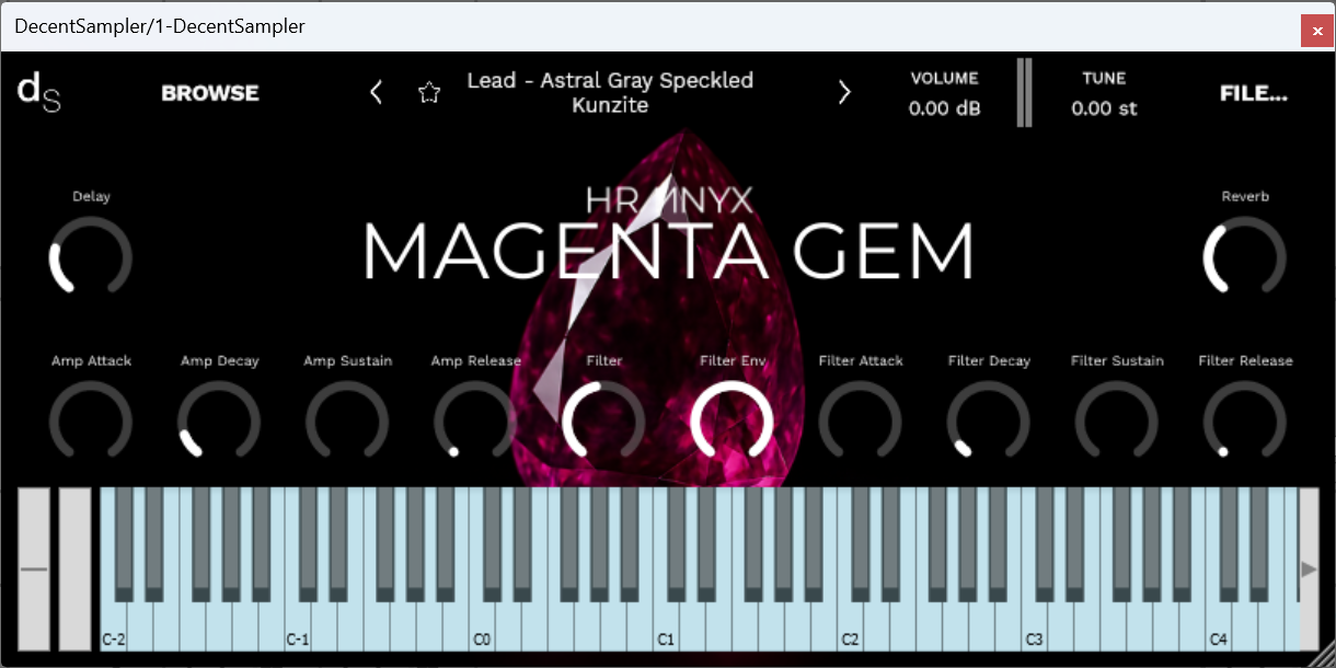 A screenshot of the Magenta Gem Sample Library instrument interface in Decent Sampler.